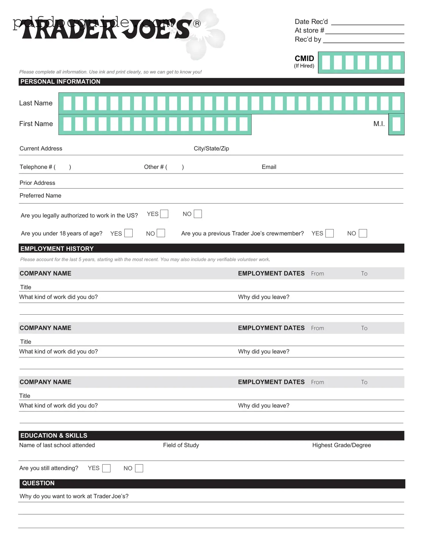 Trader Joe's application Form