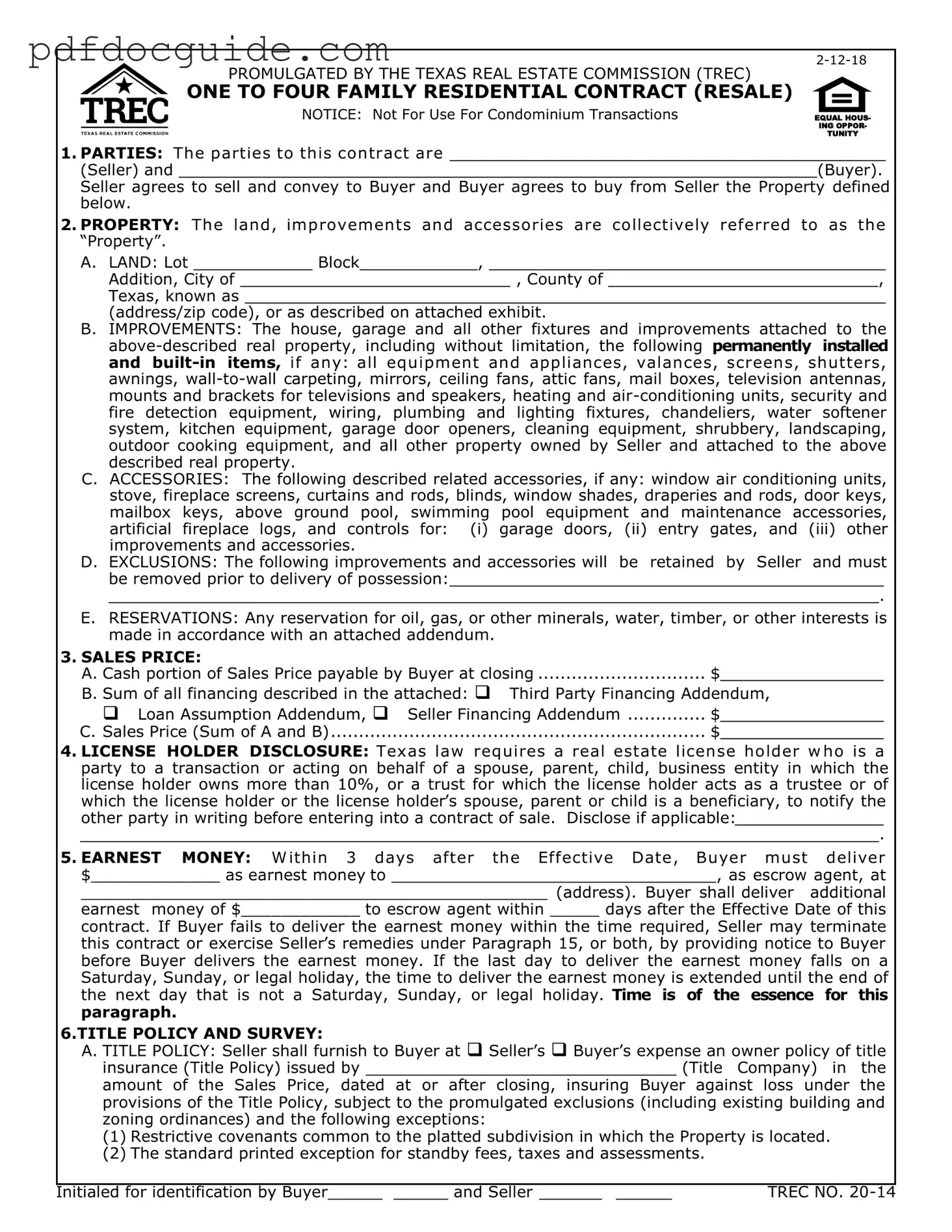 TREC One to four family residential contract Form