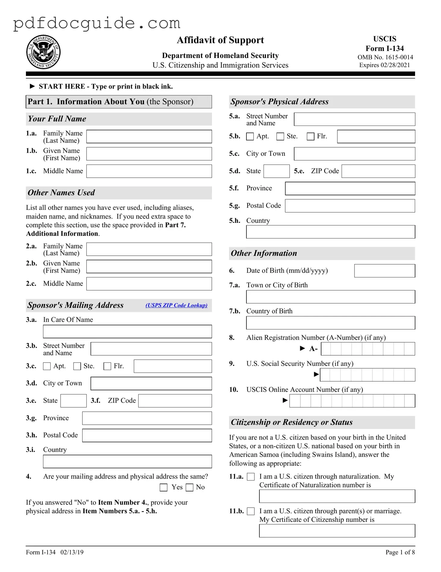 USCIS I-134 Form
