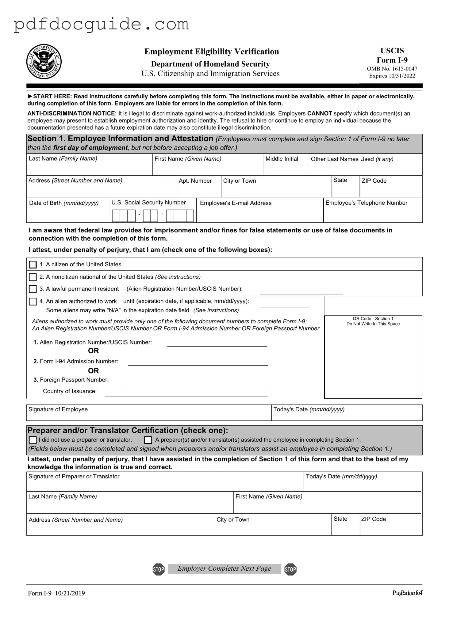 USCIS I-9 Form