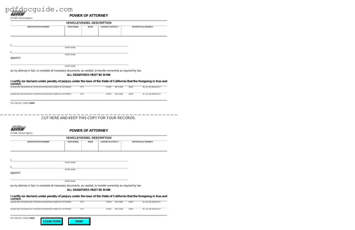 Vehicle POA REG 260 Form