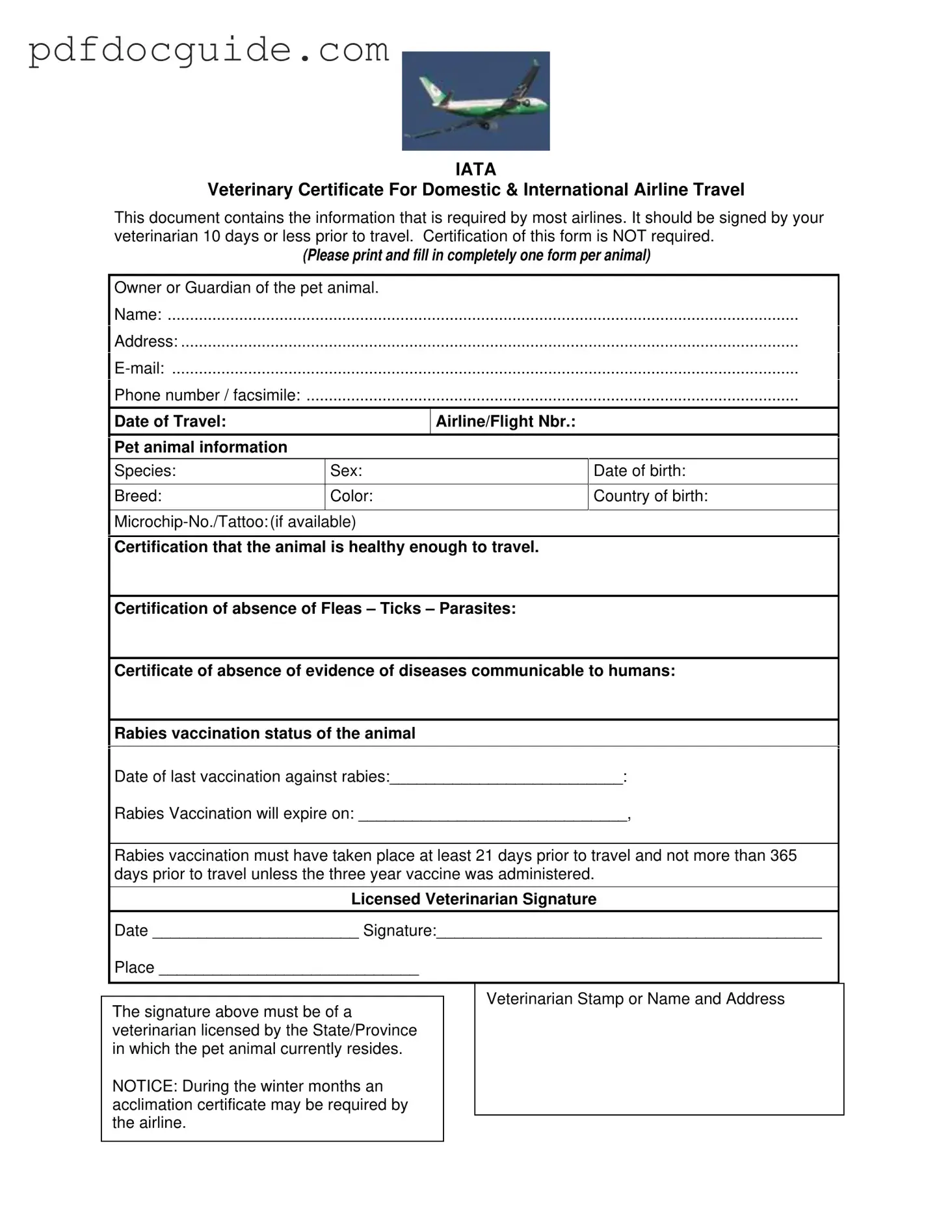 Veterinary Certificate Travel Form