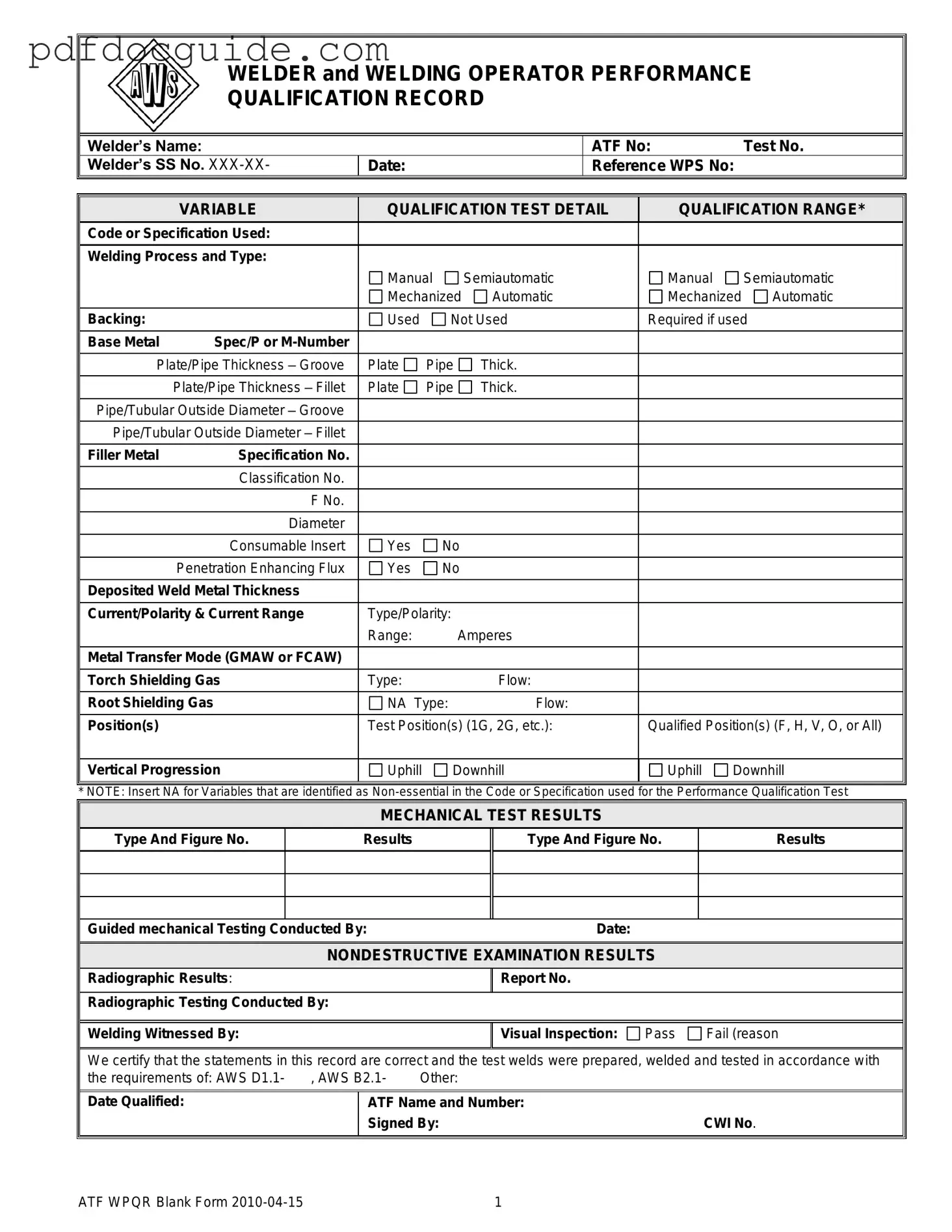 Welder Performance Qualification Record Form