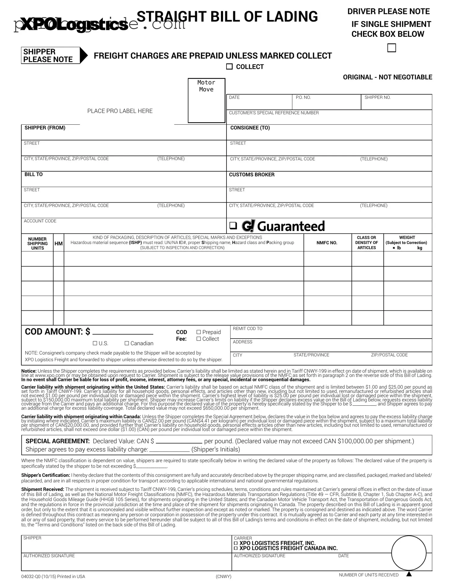 Xpo Logistics Bill Of Lading Form