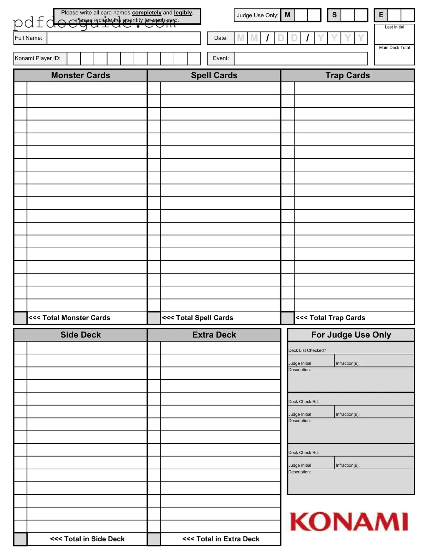 Konami Decklist Form